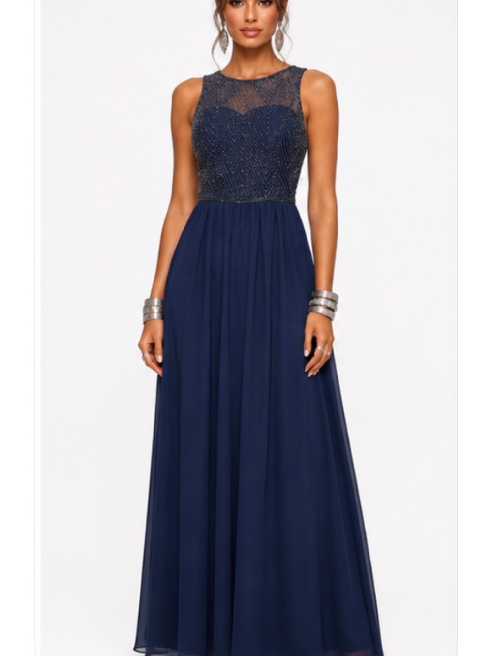 David’s Bridal Navy Beaded Chiffon Formal Gown Size S